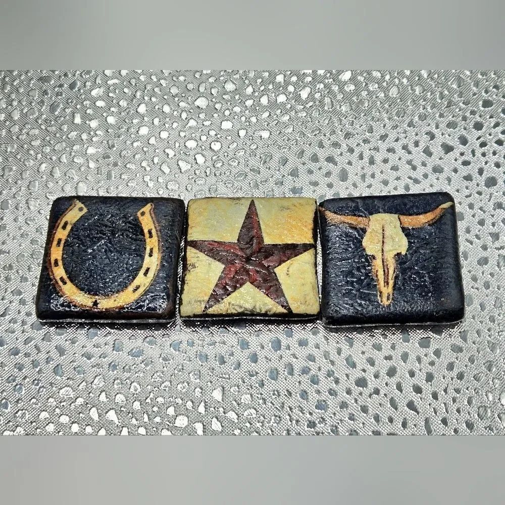 "5/$40" Set Of 3 Handmade Clay Western Fridge Magnets Horse Shoe, Star, Bull